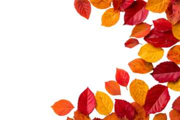 Autumn leaves arrangement vibrant red orange yellow fall colors border decorative isolated on transparent background