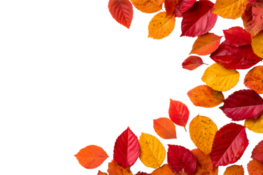 Autumn leaves arrangement vibrant red orange yellow fall colors border decorative isolated on transparent background