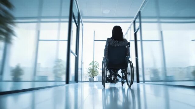 A professional woman in a wheelchair navigates a sleek office hallway, representing empowerment and workplace diversity. The scene highlights accessibility and modern business environments