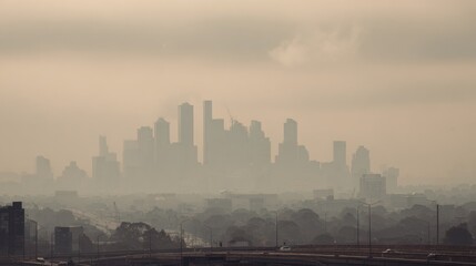 Fototapeta premium Urban Skyline Shrouded in Smog Highlighting Environmental and Health Challenges at Sunset