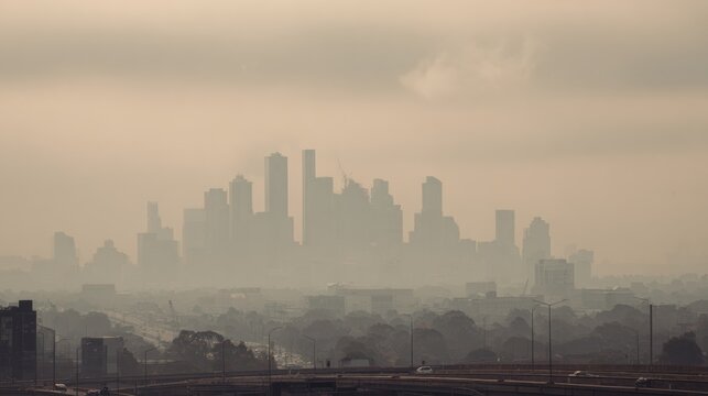 Urban Skyline Shrouded in Smog Highlighting Environmental and Health Challenges at Sunset - Powered by Adobe