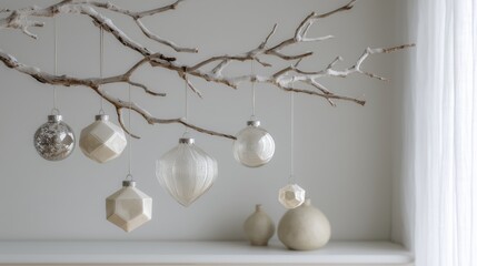 Decorative ornaments hanging from a natural branch in a minimalist setting during winter season
