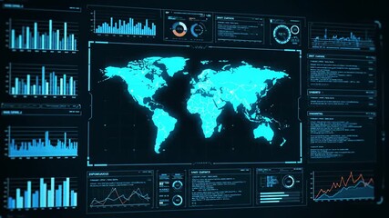 Futuristic digital interface displaying world map and data analytics - Powered by Adobe
