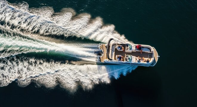 Aerial top down view of a luxury pontoon boat. Friends enjoying a summer vacation on the water. High speed motorboat creating a white wake on a deep blue lake. Recreational boating lifestyle