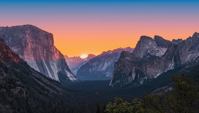 Breathtaking Yosemite Valley sunset paints majestic granite cliffs with golden light, inspiring awe and wonder.
