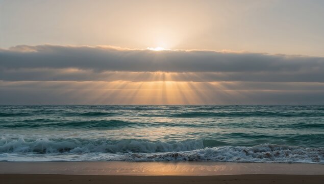 Dramatic sunrise over ocean with sun rays piercing through clouds, creating a stunning coastal landscape