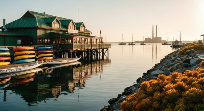 Waterfront restaurant on a wooden pier at sunrise. Colorful kayaks and boats for rent. Scenic coastal town harbor with calm water reflections. Travel and tourism destination
