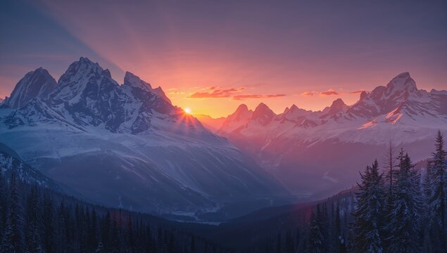 Stunning sunset over snow-capped mountains with vibrant colors creating a breathtaking landscape scene for travel and adventure