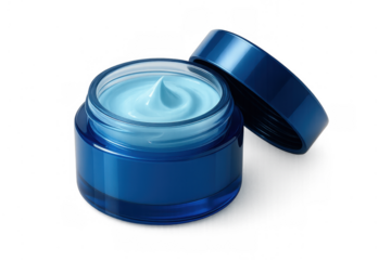 Blue skincare face cream jar with open lid showing a fresh swirl of moisturizer, transparent background