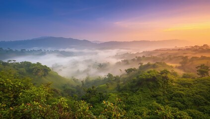 Dramatic sunrise over lush green hills with a layer of mist creating a stunning scenic landscape view