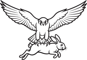Obraz premium Dynamic Black and White Illustration of a Raptor Bird on a Running Rabbit