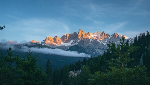 Stunning mountain range at sunrise with vibrant golden light illuminating snow capped peaks and lush forest