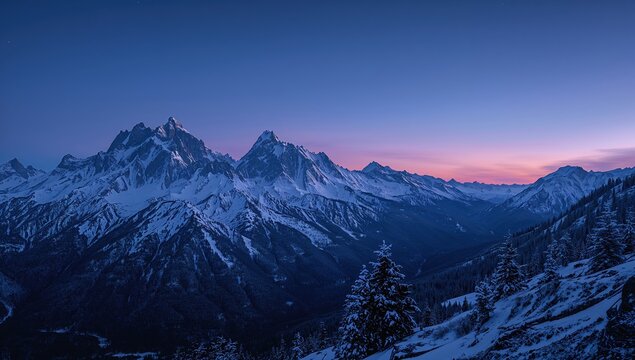 Stunning snow-capped mountain range at twilight with vibrant pink and blue sky, perfect for travel and adventure - Powered by Adobe