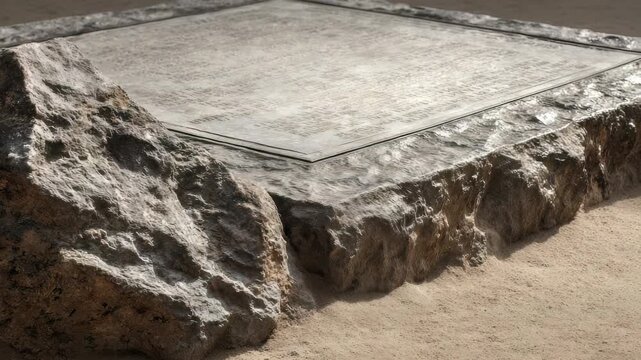Weathered stone slab with detailed engravings lies embedded in sand, bordered by natural rocks. The scene suggests ancient history, exploration, and archaeological discovery