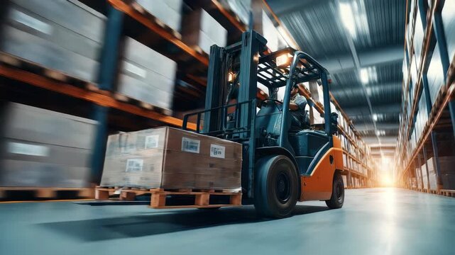 Forklift moves swiftly inside large warehouse, carrying loaded pallet between tall shelves filled with goods. Highlights speed, productivity, advanced logistics in contemporary distribution centers