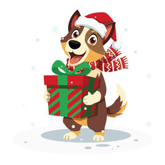 Cute Dog in Christmas Costume Holding Giftbox Outdoors with Falling Snowflakes