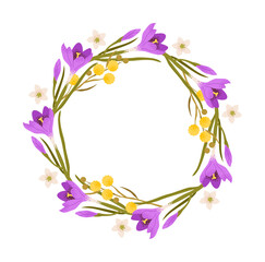 Spring floral wreath with purple and yellow flowers. Elegant botanical wreath made of crocus, mimosa, and white blossoms, ideal for spring, wedding, or nature designs.