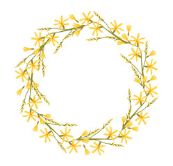 Yellow wildflower wreath with delicate branches. Charming floral wreath made of small yellow wildflowers and thin green stems, ideal for spring, summer designs.