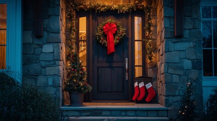 Festive entrance decorated for Christmas with wreath, lights, and stockings in evening glow
