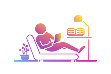 Obraz premium A person relaxing and reading a book on a comfortable chair with a side table and lamp
