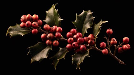 Winter's Embrace: A detailed shot captures the vibrant red berries and spiky green leaves of a holly branch, evoking a sense of festive cheer against a stark black background.