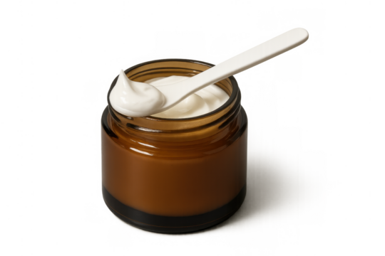 Skincare cream in brown jar with spatula, highlighting organic beauty product and healthy skin routine for wellness