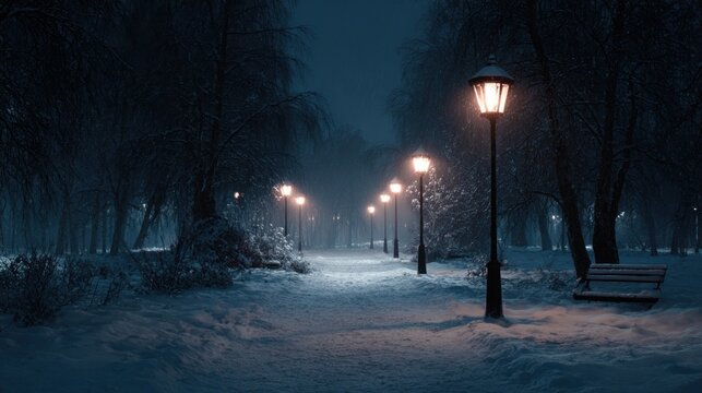 A snowy path through a park with street lamps lit,