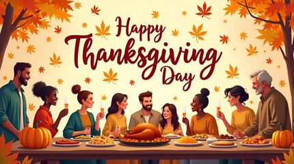 Thanksgiving background design with “Happy Thanksgiving Day” lettering in calligraphic script, decorated with seasonal illustrations