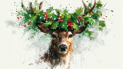 Watercolor painting of a majestic deer with holly and berries adorning its antlers. The artwork captures the festive spirit and natural beauty with delicate strokes.