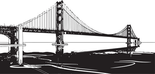 Monochromatic Graphic Illustration of a Suspension Bridge Spanning Water with Reflections