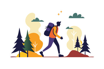 Man with backpack hiking through a forest with trees and mountains in the background
