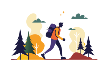 Man with backpack hiking through a forest with trees and mountains in the background