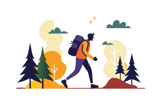 Man with backpack hiking through a forest with trees and mountains in the background