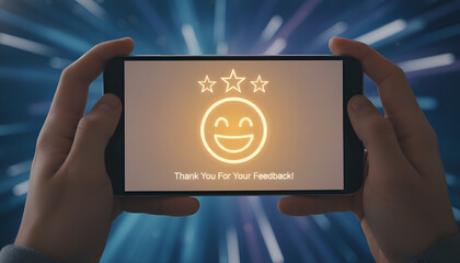 Digital Feedback: Happy Emoji on Mobile Screen in Bright Backdrop