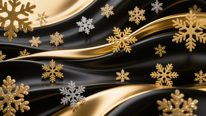 Elegant Golden and Silver Snowflake Decoration on Flowing Dark Fabric Background
