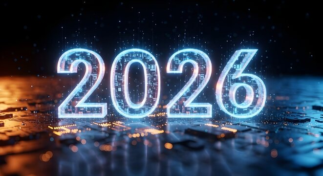Futuristic glowing neon numbers 2026 illuminated with electric blue light on a dark background with scattered particles