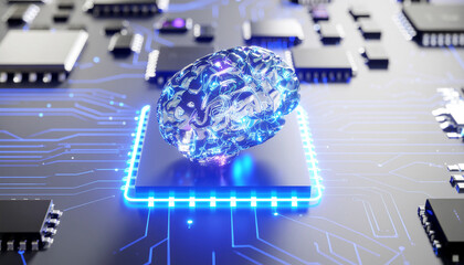 Artificial intelligence brain on a computer chip with blue lights.