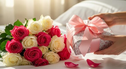 Romantic gift exchange with pink and white roses on a sunny morning