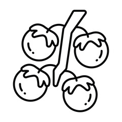 A cluster of four tomatoes on a thick angular vine outlined in black