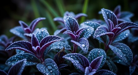 Close up of dark purple leaves covered in sparkling dew drops on a cool morning in a garden setting