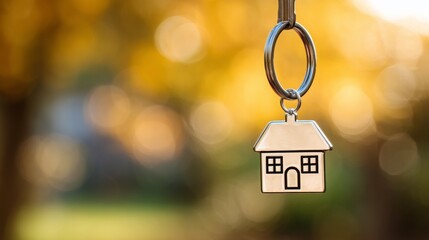 Symbol of new home - key with house on ring in golden light. House key hanging on hook, real estate and home buying concept