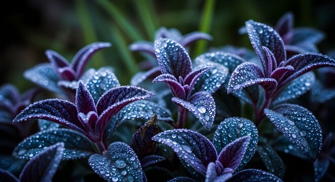 Close up of dark purple leaves covered in sparkling dew drops on a cool morning in a garden setting