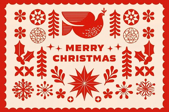 Merry Christmas greeting card with red stylized folk art winter symbols and dove on a light beige background