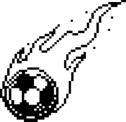 Fototapeta premium Pixel art flaming soccer ball retro black and white icon with fire trail video game design, fast movement, sports action symbol