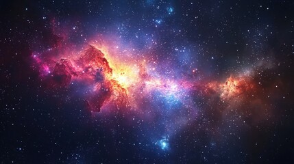 A vibrant, colorful nebula with a mix of warm and cool hues, set against a dark backdrop with stars and galaxies, creating a cosmic scene.