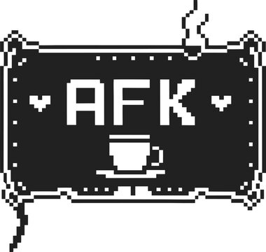 afk sign with steaming coffee cup, retro pixel art digital desk break decor, cozy gaming or streaming atmosphere