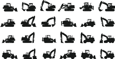Construction vehicle silhouettes, bulldozer, excavator, loader, heavy machinery, black icons, industrial equipment, vector grid, construction tools, machine profiles © Mst Jotsna