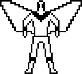 Fototapeta premium Pixel art superhero with wings, retro 8 bit character in black and white, blocky figure, digital arcade hero concept