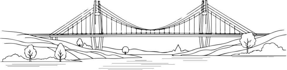Monochrome Line Art Drawing of a Cable-Stayed Bridge Over a River with Rolling Landscape