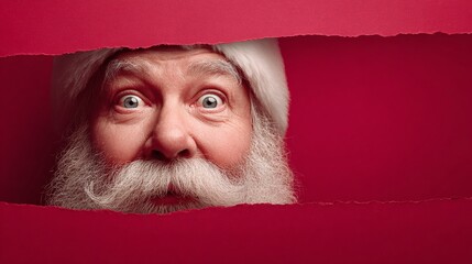Peering through the festive divide, a jolly man with a twinkle in his eye. A burst of seasonal joy and warm cheer breaks through the red, inviting anticipation.